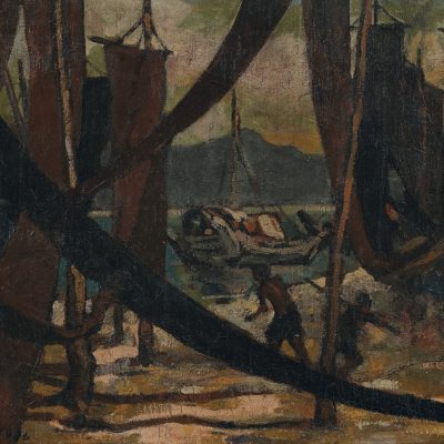 YONG MUN SEN, <em>BOATS THROUGH THE NETS</em>, 1936, Oil on canvas, 49cm x 58cm, estimate RM50,000 – 80,000